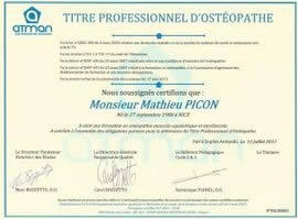 diplôme Ostéopathe D.O Mathieu Picon